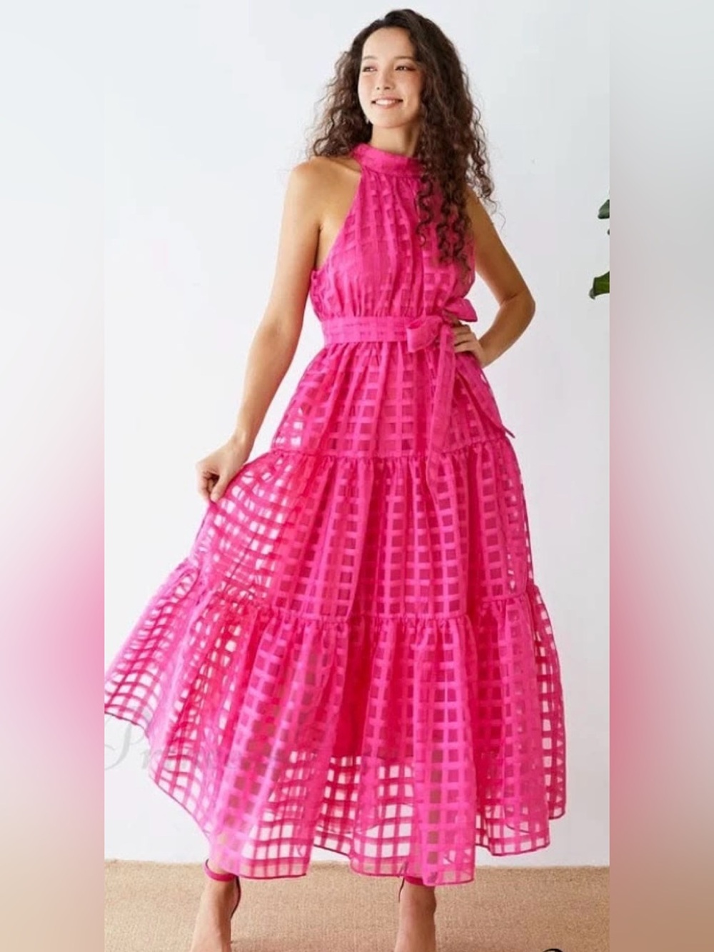NWT Hot Pink Fuchsia Check Halter Maxi Dress XL Self Tie Waist